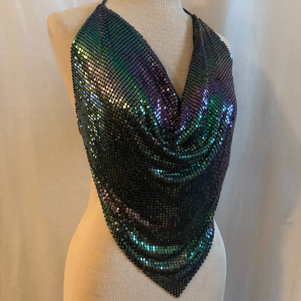 Iridescent Green & Purple Metal Mesh Halter Top